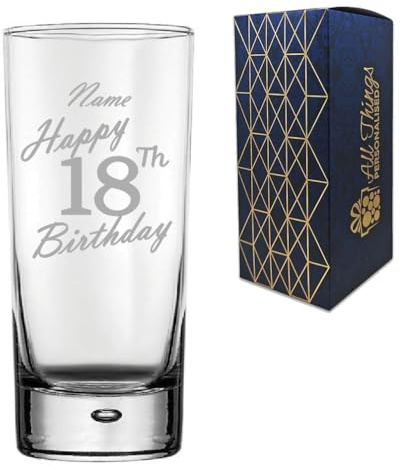 Personalised Engraved Vodka Hiball Glass, Happy 18th Birthday Handwritten Design, Rum Glass, 13oz or 365ml Capacity, Customise with Any Name, Gift Boxed