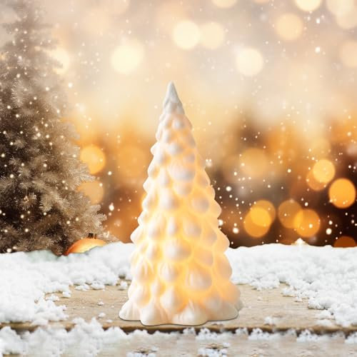 Skeadex Mini Weihnachtsbaum aus Keramik, Kleiner Weihnachtsbaum mit Beleuchtung, Weiß Keramik Mini Weihnachtsbaum Beleuchtet Batteriebetrieben, Mini Tannenbaum für Weihnachtsdeko Innen, Tischdeko (B)