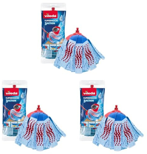 Vileda SuperMocio 3Action ricambio, confezione da 3, adatto per il Sistema lavapavimenti Vileda SuperMocio , per tutti i tipi di pavimento, rimuove oltre il 99% dei batteri solo con acqua