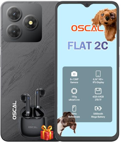 OSCAL Smartphone, Flat 2C Telefono Android 14 (2025 Seconda Generazione), 6GB +64GB/2TB Octa Core Smartphone Offerta, 6,56 Pollici, 5000mAh Doppia SIM Sbloccata, 13MP Fotocamera, 4G, FaceID/GPS, Nero
