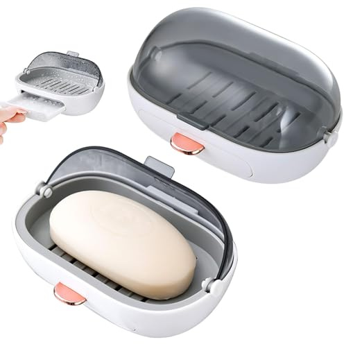 2 Piezas Jaboneras Autoadhesivas con Tapa, Jaboneras de Ducha con Tapa, Soporte de Jabón de Barra con Drenaje, Jabonera Baño con Tapa, para Ducha, Baño, Fregadero de Cocina, Adhesivo Incluido