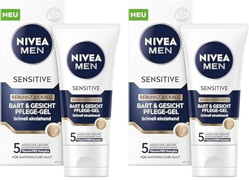 NIVEA MEN Sensitive Bart & Gesicht Pflege-Gel, schnell einziehende Bartpflege für empfindliche Männerhaut, beruhigende Gesichtspflege zur Linderung von Hautirritationen (50 ml) (Packung mit 2)