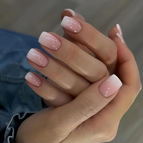 Medium Square False Nails - 24PCS Ombre Press on Nails - Gradient Stick on nails - Fake Nails with Glue - Nude White Square Nail Tips Full Cover Long Lasting for Women Girls Nail Art at Home