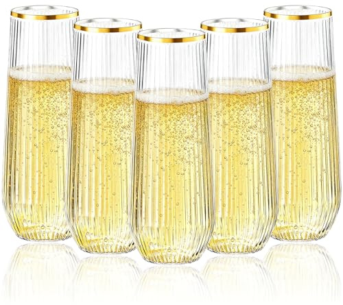 Goodluck 24 Pack Clear Gold Plastic Champagne Flutes | 255ml/9oz Stemless Reusable Champagne Flutes for Weddings, Birthday, Family Gatherings, Bars,Christmas, BBQ, Garden Parties