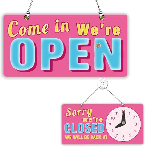PLIGREAT Letrero 3D rosa Abierto de doble cara Abierto Señal con reloj Sorry Wir haben Cerrado signos para tienda minorista escaparate decoración de pared cadena rosa azul