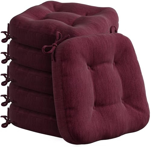 Codi Stuhlkissen 40 x 40 cm, 6er-Set, 8 cm dick, Sitzkissen Outdoor | Weinrot, Memory-Foam-Füllung, wasserabweisender Bezug, rutschfester Halt mit Bindebändern, für Gartenstühle und Balkon