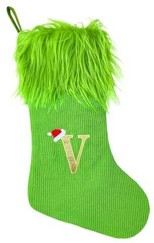 Weihnachtsstrumpf V Personalisiert Großer Nikolausstrumpf mit Buchstaben 45cm Ginch grün Plüsch Hängender Weihnachtsmann mit Namensschild Ornamente Weihnachtsdekorationen für Weihnachtsbaum und Heim