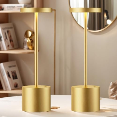 Generico Lampada da Tavolo Ricaricabile Senza Fili | Batteria 4000mAh, 3 Colori e Dimmerazione Progressiva, Luce LED per Interni ed Esterni (Oro, 2)