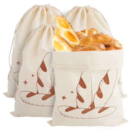 4Pcs Sac à Pain Longue Conservation, 30 x 38 cm Pain Sac Rangement Grande Capacité, Sacs en Lin Non Blanchi et Réutilisables, Sac avec Cordon de Serrage pour Légumes, Fruits, Produits de Boulangerie