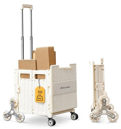 Allyson Chariot de courses pliable, pliable, monte-escalier stable avec poignée télescopique et charge de 30 kg, idéal pour le jardin et le shopping, petit panier à provisions - Beige