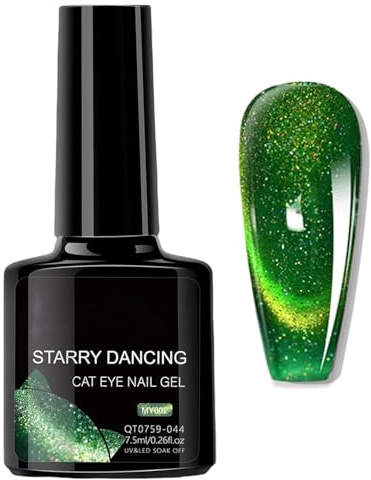 Grön glitter katt ögongel nagellack, grön 9D holografisk UV/LED gel nagelacker, snabbtorkande glänsande kristall gel nagelpolering, gör-det-själv-konst manikyr för nagelstudio 7,5 ml