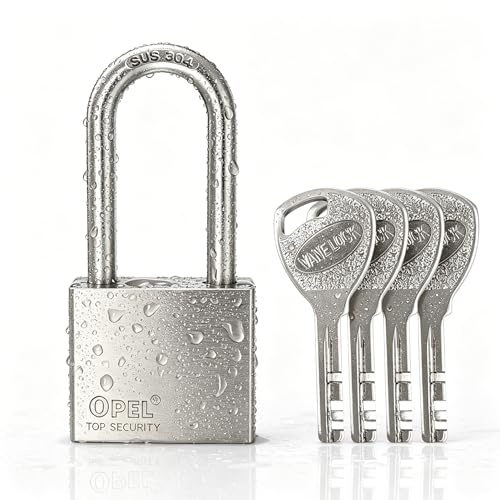 Tungt hänglås för utomhusbruk 100 % väderbeständigt, vattentätt lås i rostfritt stål 304, inre rörelse rostfri med 4 nycklar lång hals utomhus högpresterande (40 mm)
