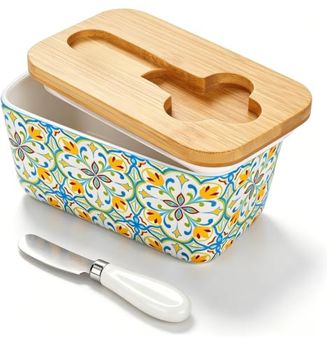 Hbzunt Beurrier en céramique,bol à beurre avec couteau et couvercle en bois