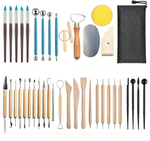 XMDROU 40 Stück Modellierwerkzeug Set, Ton Werkzeug Set, Töpferwerkzeug | DIY Grabstichel Kit, Polymer Clay Tools, Töpfer Zubehör, DIY Grabstichel Kit, Für Profis & Anfänger, Pottery Sets