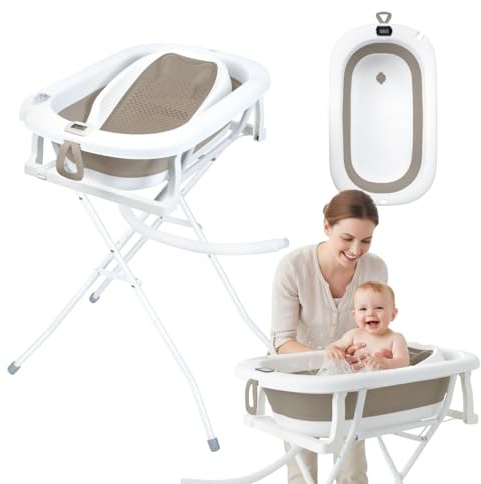 Primabobo Baignoire Bébé Milo Pliable avec Support et Transat de Bain, Thermomètre Électronique LCD et Tuyau de Vidange Inclus, Kit de Bain Complet et Stable, Marron