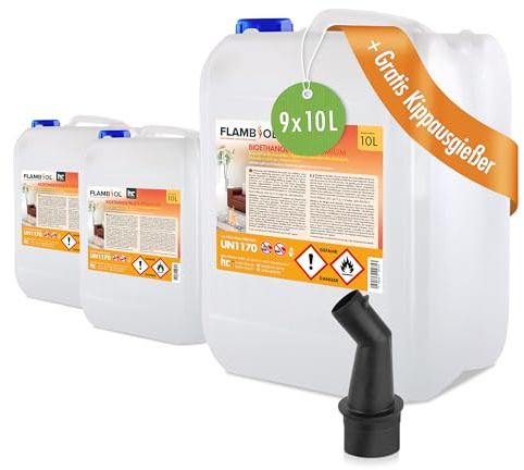 Höfer Chemie Bioethanol 96,6% Premium 9 x 10 L - Ethanol für Tischkamin | Kamin & Gartendeko für Draußen - Rauch- und Rußfrei - Aus Mais & Zuckerrüben