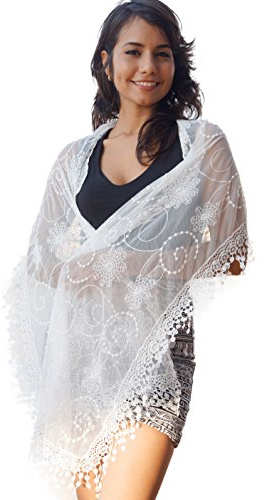 Cindy and Wendy Lightweight Soft Leaf Lace Fringes Scarf shawl for Women (TYH-WHITE)