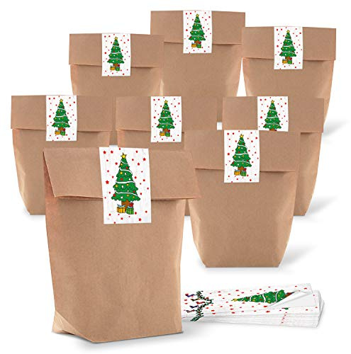 Logbuch-Verlag 50 braune Weihnachten Geschenkbeutel Papier 16,5 x 26 x 6,6 cm mit Aufkleber Banderole Baum grün - Weihnachtsbeutel Papierbeutel weihnachtlich