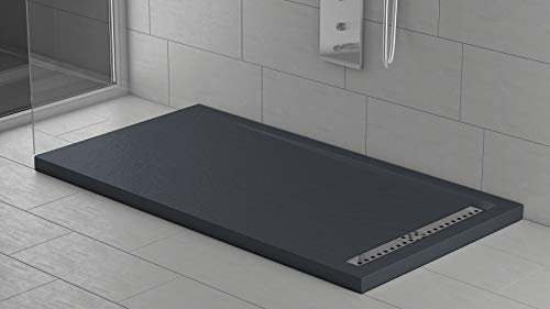 Essence ArredoBagno Plato de ducha de mármol efecto piedra topacio – Mineralmármol – Grosor 3 cm – Rejilla cromada de acero inoxidable – Color antracita – 70 x 70 cm