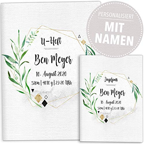 OLGS U-Heft und Impfpasshülle Set | Tropical Green | Hüllen für den Untersuchungsheft & Impfpass | Babygeschenk für jugne Mama mit Namen und Geburtsdatum (Uhefthülle, Impfpass personalisiert, 01)