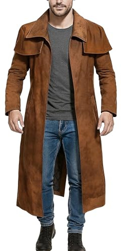 Fashion_First Mens Duster Coat - Western Suede Leather Trench Coat