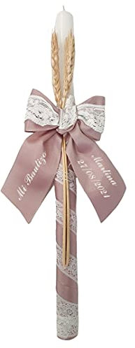 Vela para Bautizo personalizada - Vela Bautismal Personalizable con nombre y fecha – Cirio sacramental decorado - Modelo París – Rosa maquillaje - Nenel
