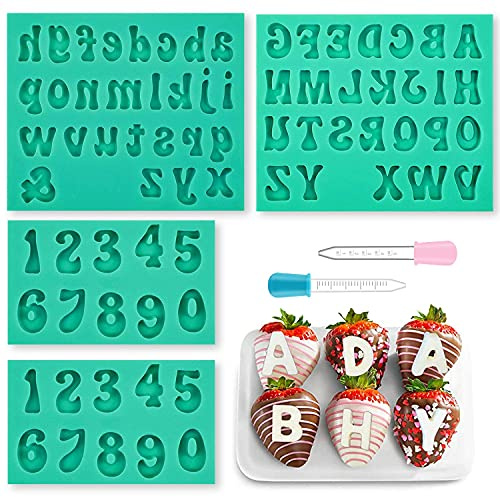 4 Stück Silikon Buchstaben Zahlen Form, Buchstaben und Zahlen Fondant Schokoladen Formen, Mit 2 Tropfern, DIY Weihnachten Kuchen Dekoration Molds, für Süßigkeiten, Schokolade, Eiswürfel (Grün)