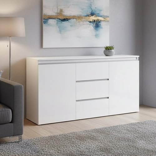 Dmora - Buffet Daniel, Buffet design avec 2 portes et 3 tiroirs, Buffet de salon, Buffet de cuisine, 100% Made in Italy, 150x40h81 cm, Blanc brillant
