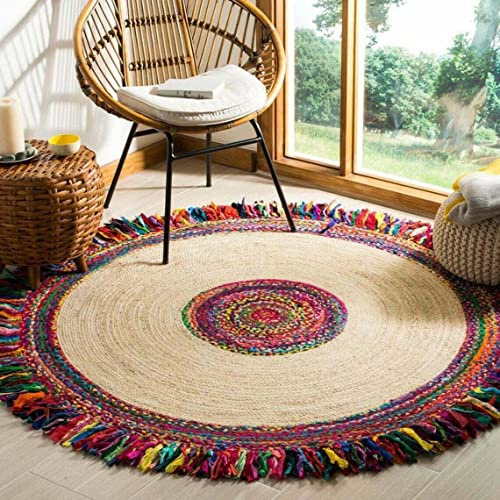 Tapis Rond Chindi tressé à la Main en Jute et Coton, tissé à la Main à partir de Tissu Multicolore aux Couleurs Vives, Tapis bohème coloré pour décoration d'intérieur (150 x 150 cm, Rond)