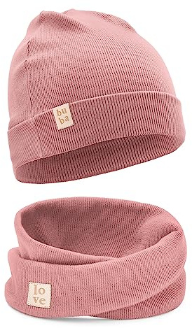 Bubalove Mützen und Schalset für Jungen, Mädchen, baby, Größen 0mc bis 12 Jahre+ viele Farben, Frühlings-, Herbstsets, Baumwollmützen, handgenäht (46-52 cm, Pfingstrose)