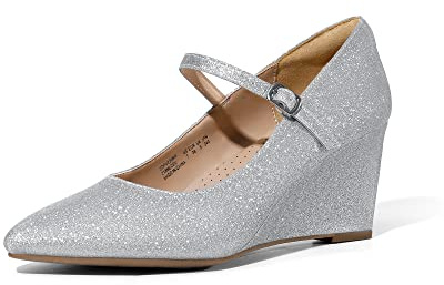 DREAM PAIRS Dam kilar stängd tå Mary Jane högklackad klänning arbete spetsig tå bröllop brud kontor pumpskor, Silver-glitter, 42 EU