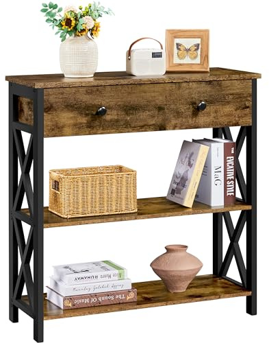 Yaheetech Table Console en Bois MDF Meuble d'Entrée avec 2 Etagère de Rangement Design en Forme X pour Salon Couloir Table d'appoint Brun Rustique 80 × 30 × 80 cm