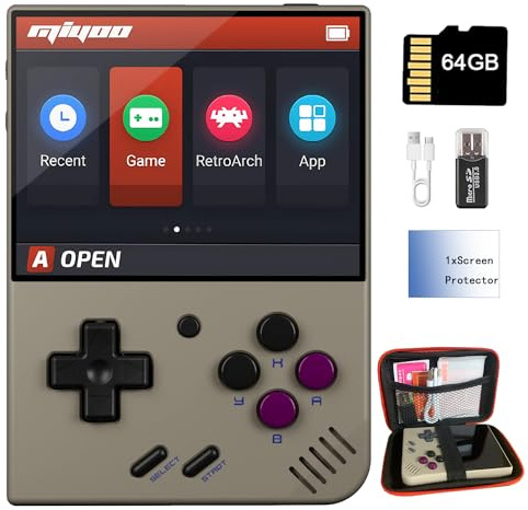 Miyoo Mini Plus - Consola de juegos de mano de 3.5 pulgadas, sistema clásico retro, consolas de videojuegos, portátil, recargable, de mano, 64 G con funda (gris)