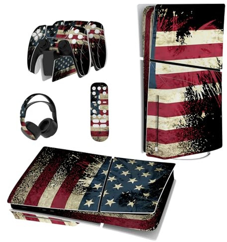playvital Autocollant Protection pour ps5 Slim Standard Console, Sticker Skin pour ps5 Manette & Télécommande & Casque & Station de Charge,Disc Edition-Drapeau Américain