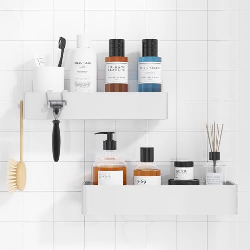 Kitsure Duschablage ohne Bohren - 2 Stück rostfreie Badezimmer Organizer, schnell trocknende Badregal ohne Bohren mit großer Kapazität, langlebige Shampoo Halterung für Duschel, Large, Weiß
