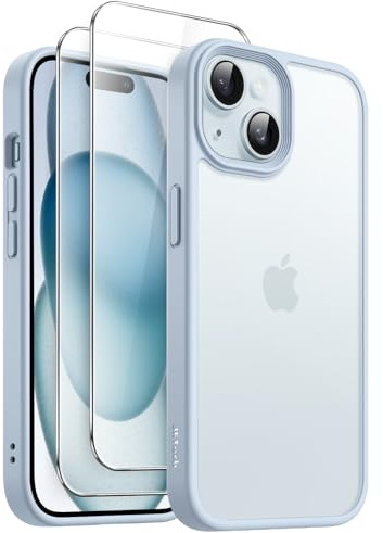 JETech 3 in 1 Matte Case for iPhone 15, Blue | 2 Tempered Glass Screen Protectors, Translucent Frosted Phone Cover