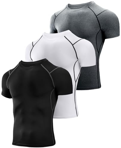 Niksa 3 Pack Compression Tops for Men Short Sleeve Mens Running Top Mesh Design Quick Dry Base Layer Top for Gym Sports Fitness Workout Cycling,Training, Black White Grey,XL