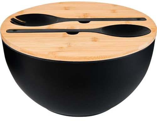 GEHE Salatschüssel aus Servierbesteck – große Rührschüsseln aus massivem Bambus, Salatschüssel mit Bambusdeckel, Löffel für Obst, Salate und Dekoration (Schwarz, 12INCH)