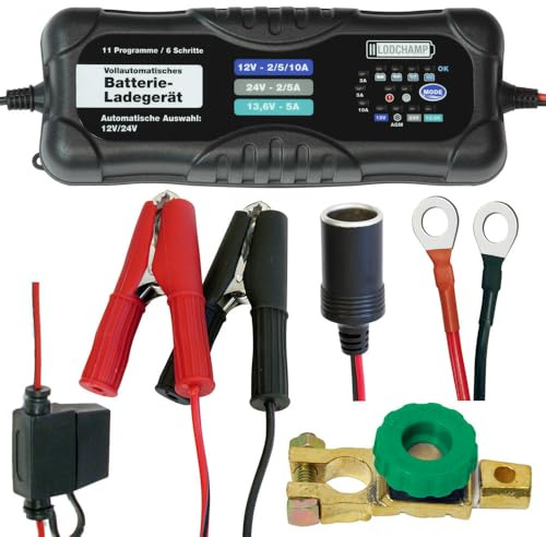 LODCHAMP Bundle, 10A/5A Intelligentes Batterieladegerät, 12V/24V KFZ/LKW Ladegerät, Erhaltungsladegerät und Batterie Trennschalter Poltrenner Batterietrenner