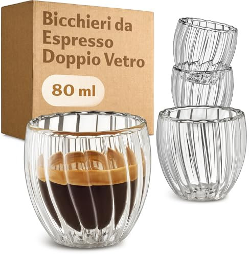 Cosumy Bicchieri Espresso Doppia Parete 80ml - Set di 4 Tazza - Scanalato Design - Lavabile in lavastoviglie - Si Mantiene Calda a Lungo