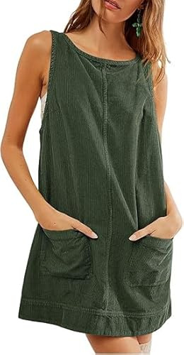 Vestido de pana para mujer, cuello redondo, acampanado, falda con bolsillos, vestido de pana para mujer, verde, M
