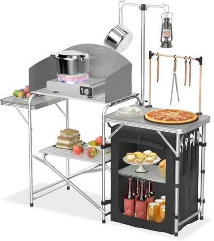 FIVMEN Campingküche Faltbar Camping Küche Campingschrank Aluminium mit 3 Arbeitsplatten, Schränkfach, Lichtständer und 4 Haken Outdoor Küche Camping Schrank