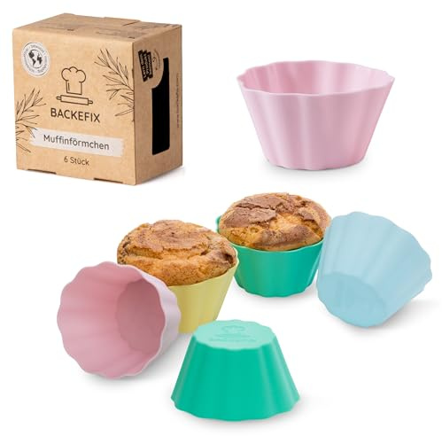 Backefix pirottini silicone stampo muffin grande nel set da 6, ciascuno 7,5 x 4 cm | Senza BPA | Senza residui senza ungere e usa e getta | Muffin stampo silicone piccolo, color pastello