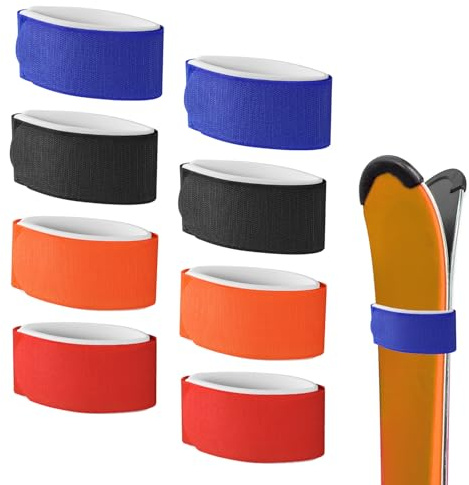8pcs Ski Fasteners Straps, Adjustable Ski Wrap Bindings Ski Carrier Fastener Tape Ski Boards Band with Protective Pad Ski Ties for Winter Sports Accessories(Red, Orange, Blue, Black)