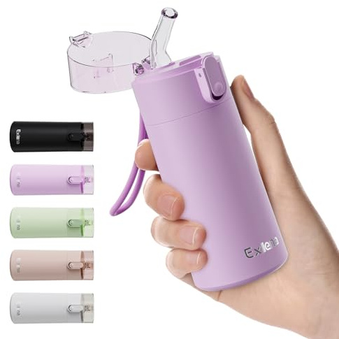 Exllena Petite Gourde Isotherme 150ml avec Paille à Ouverture Une Main, Mini Bouteille Isotherme Anti-Fuites & Design Ultra-Compact, Idéale pour le Sport, Bureau ou En Voiture(Violet Rosé)
