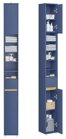 SoBuy Mobile Bagno Alto e Stretto, Mobiletto Bagno Salvaspazio Mobiletto a Colonna da Terra con Ripiani Regolabili e Cassetto Armadietto per WC e Lavanderia 20×20×180 cm Blu BZR34-II-B