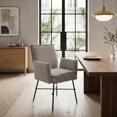 B&D home® Esszimmerstuhl Jürgen – mit Armlehnen, Taschenfederkern, Moderner Cordstoff in Hell Grau, Metallgestell schwarz, komfortabel gepolstert