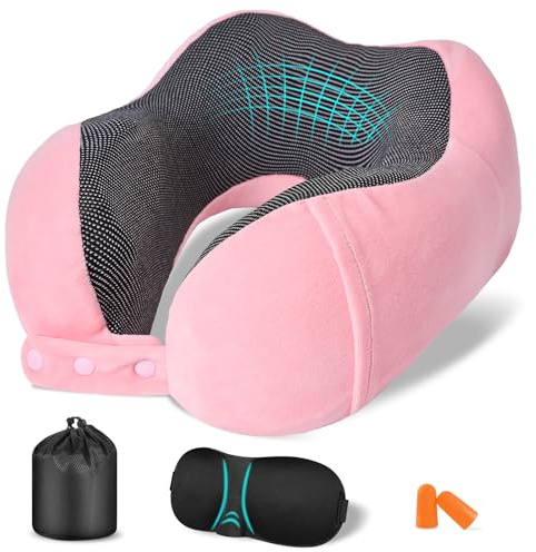 Jiancrate Nackenkissen Flugzeug, Nackenhörnchen Erwachsene, Reisekissen Memory Foam, Verstellbares Reisekopfkissen Reise, Schmalem Rückenteil, Travel Neck Pillow mit Schlafmaske, Ohrstöpsel,Rosa