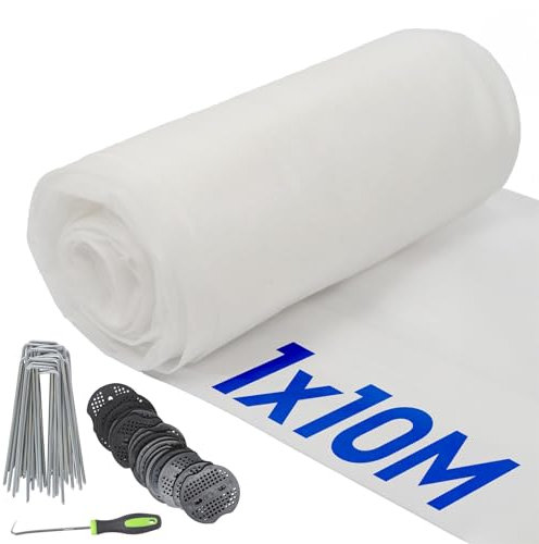 Harbour Housewares 50gsm Weed Control Fabric Set with Pegs & Plates - 1M x 10M (1 Roll) - Black - Weed Control Membrane Barrier Ground Cover for Garden, Patios, Flower Beds, Fruits & Vegetables
