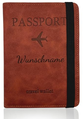 Generisch Reisepasshülle Personalisiert mit Wunschnamen - Reiseorganizer mit RFID-Schutz - Travel Wallet aus PU-Leder für Flugtickets, Reisepass, Impfpass, EC-Karten & Geld (Braun)